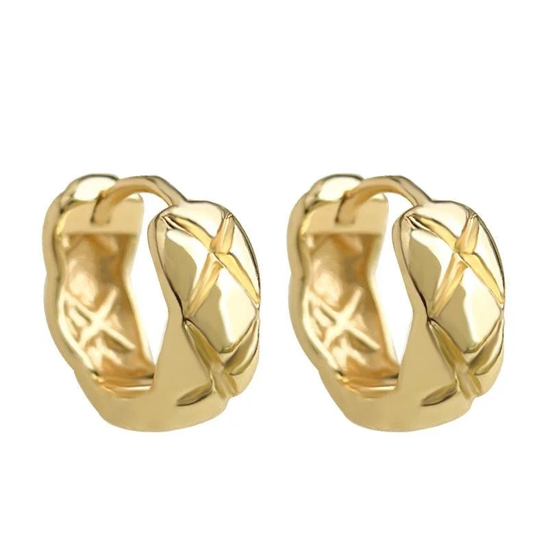 14K Gold Plated Copper Geometric Diamond Lattice Round Stud Earrings For Women