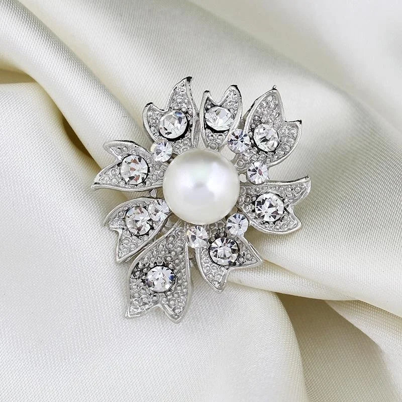 Elegant Silver Alloy Flower Brooch With Faux Pearl And Rhinestone Leaves, Korean Style Lapel Pin Gift