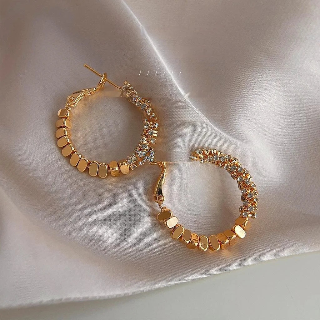 14K Gold Plated Copper Rhinestone Round Geometric Drop Earrings Light Luxury Fashion Jewelry