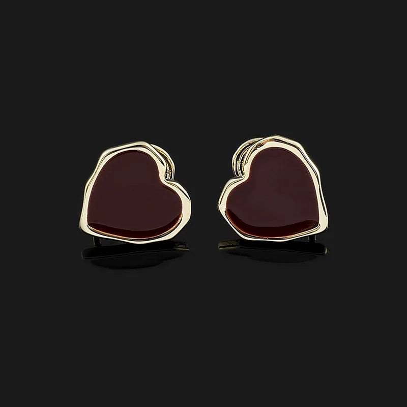 Vintage Red Enamel Heart Alloy Stud & Clip On No Piercing Gold Tone Spiral Clip Sweet Love Earrings
