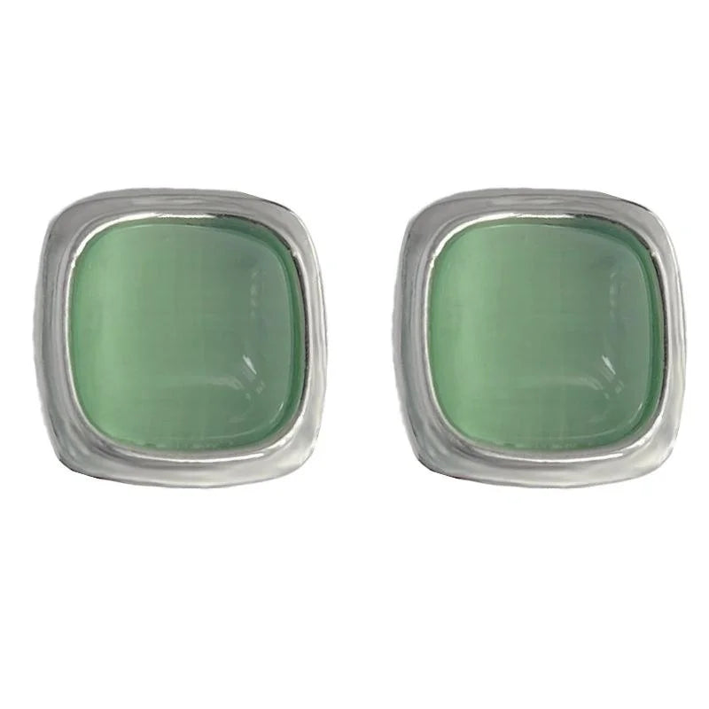 Minimalist Green Glass Cat Eye Stone Square Geometric Copper Stud Earrings For Women