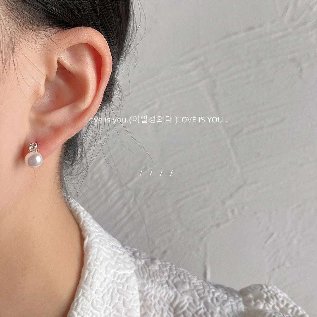 14K Gold Plated Copper Freshwater Pearl Micro Pave Zircon Round Stud Earrings Minimal Luxury Jewelry