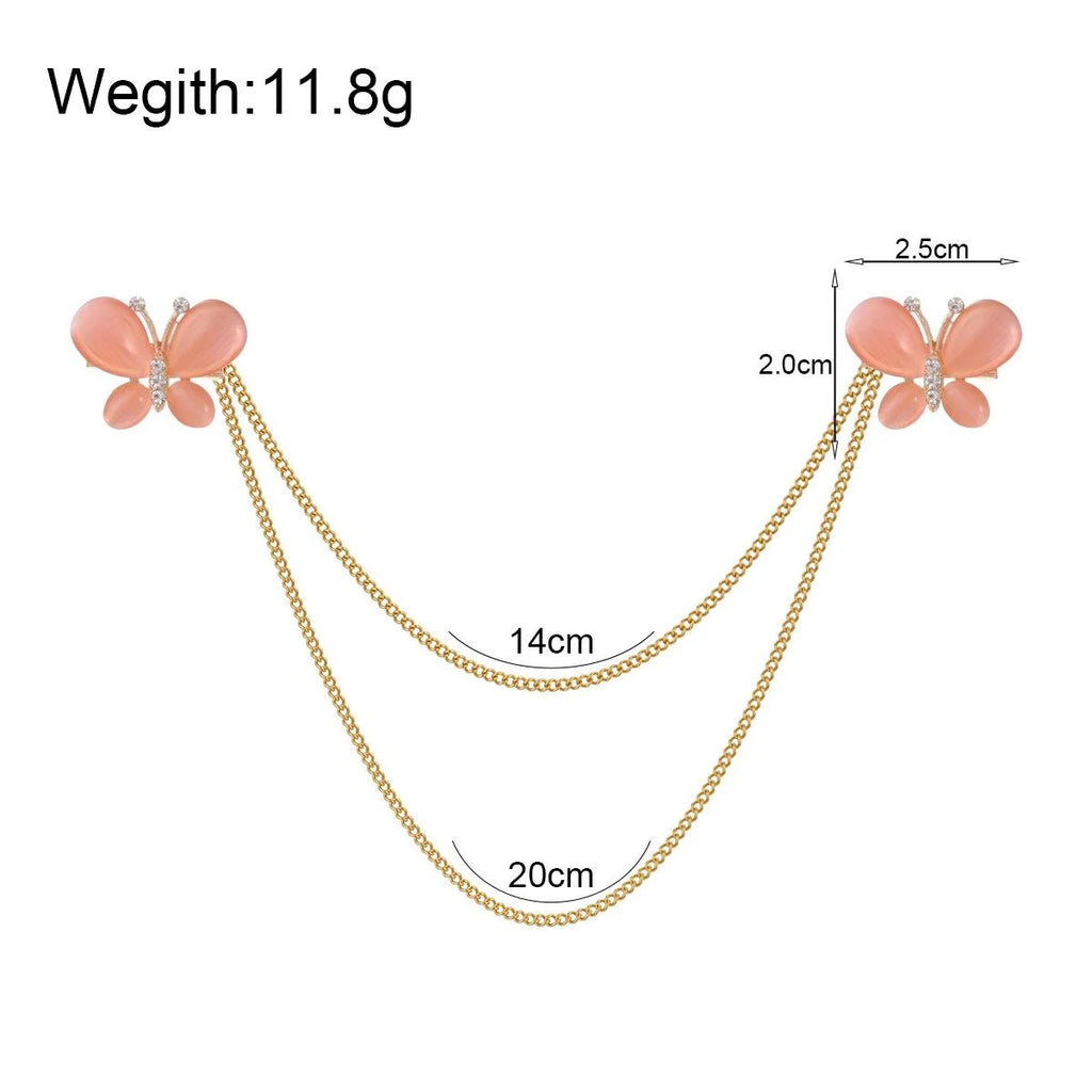 Elegant Pink Enamel Butterfly Chain Brooch With Rhinestone Alloy Collar Lapel Pin For Suit Accessory Gift