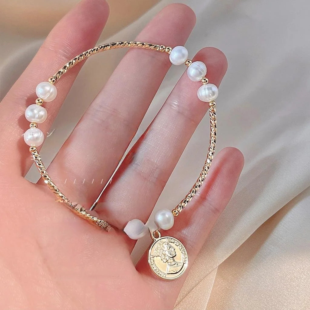 Minimalist Freshwater Pearl 14K Gold Plated Copper Bead Elastic Bracelet For Women