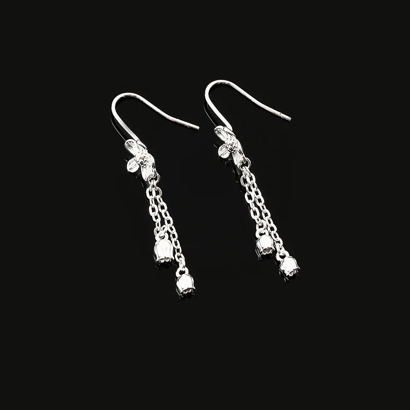 Elegant Silver Alloy Lily Of The Valley Flower Tassel Stud & Clip On No Piercing Dangle Earrings