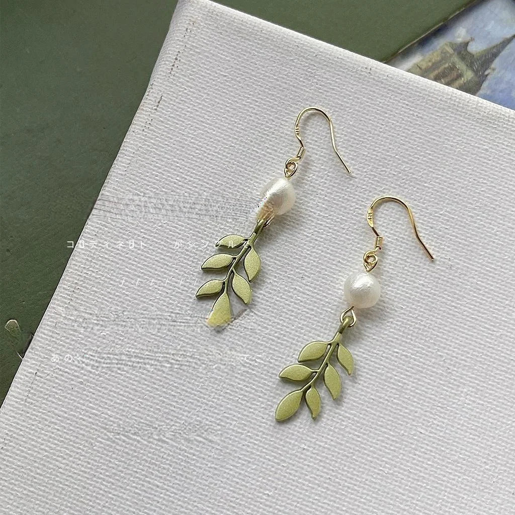 Forest Style Freshwater Pearl Leaf Drop Earrings With Silver Plated Pins, Green Handmade Jewelry