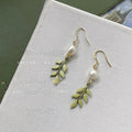 Forest Style Freshwater Pearl Leaf Drop Earrings With Silver Plated Pins, Green Handmade Jewelry