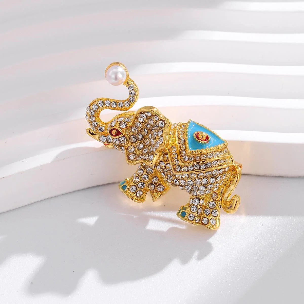 Luxury Rhinestone Elephant Brooch With Enamel Saddle And Faux Pearl, Elegant Animal Lapel Pin Corsage Gift