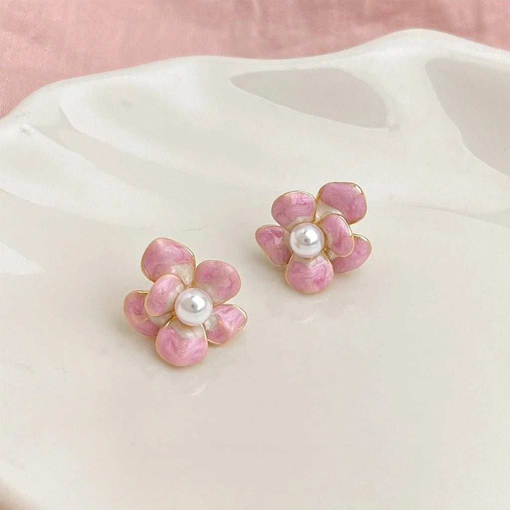 Sweet Pink Gradient Enamel Flower Stud Earrings 14K Plated Copper Elegant Floral Jewelry