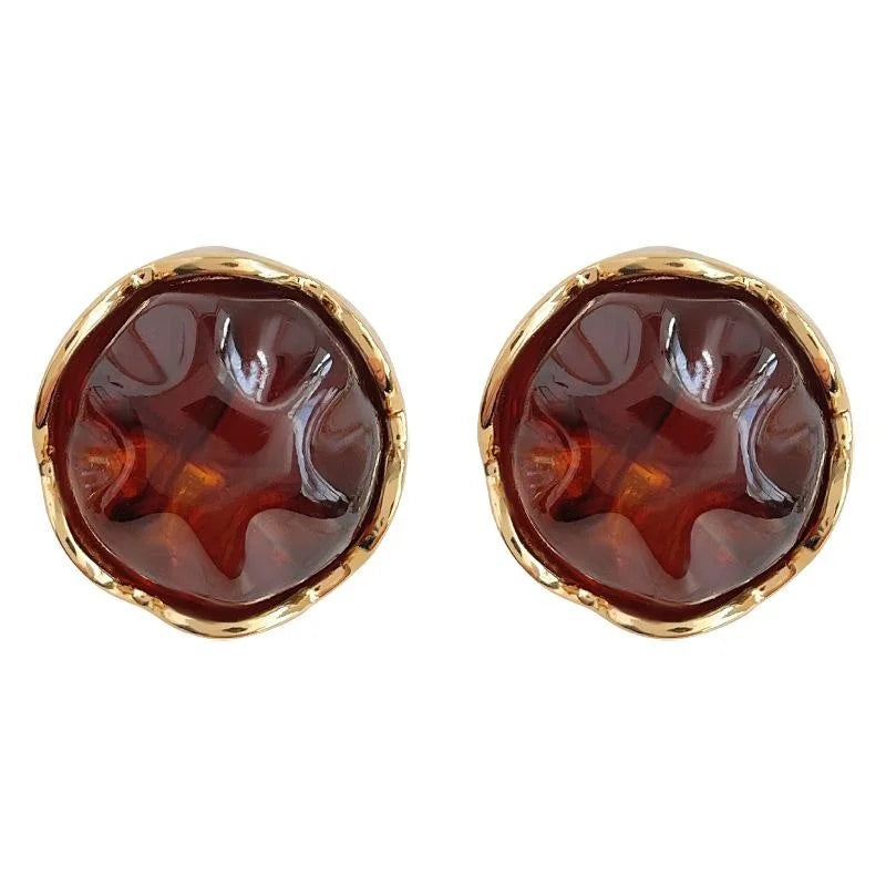 Vintage Maillard Style Round Resin Stud Earrings, French 3D Geometric Copper