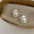 Brushed Silver Plated Copper Teardrop Pearl Stud Earrings Minimalist Geometric Twisted Hoop Design