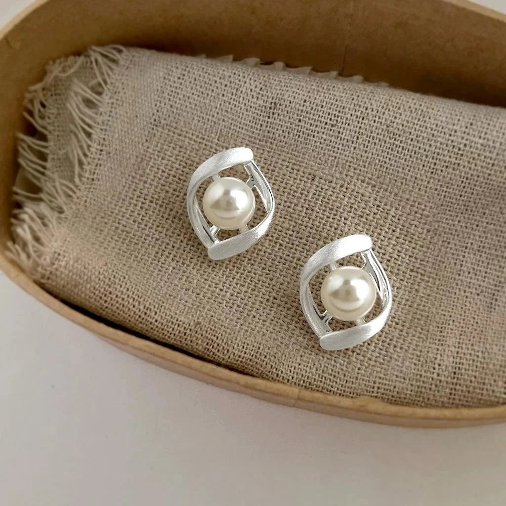 Brushed Silver Plated Copper Teardrop Pearl Stud Earrings Minimalist Geometric Twisted Hoop Design