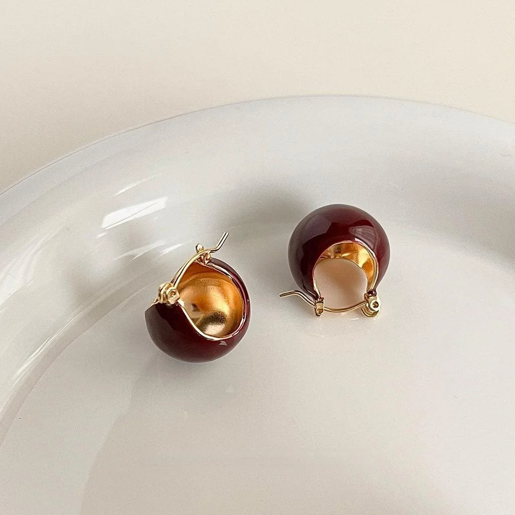 Vintage Wine Red Enamel Round Bean Copper Stud Earrings Light Luxury Hong Kong Style Jewelry