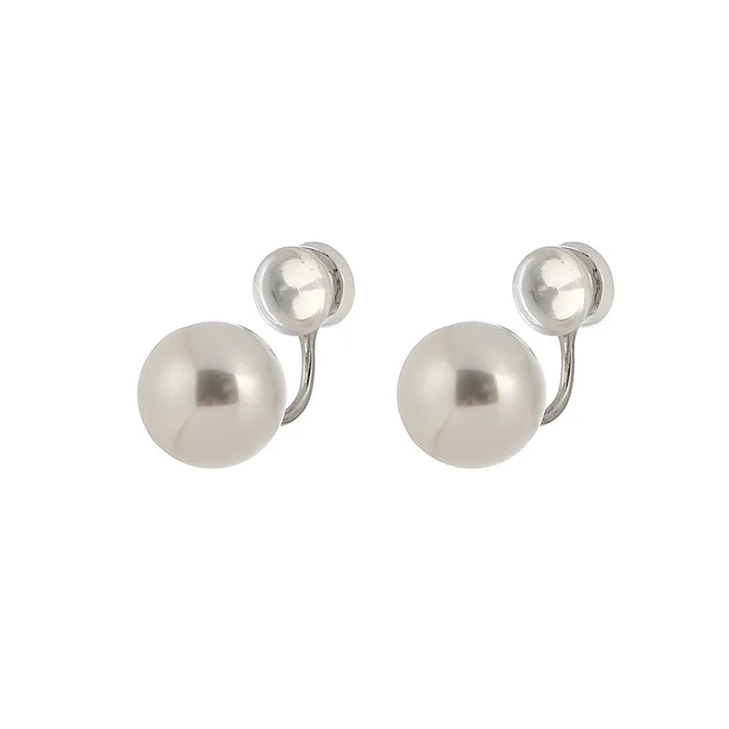 Elegant Round White Pearl Alloy Stud & Clip On No Piercing Silicone Clip Women's Fashion Earrings