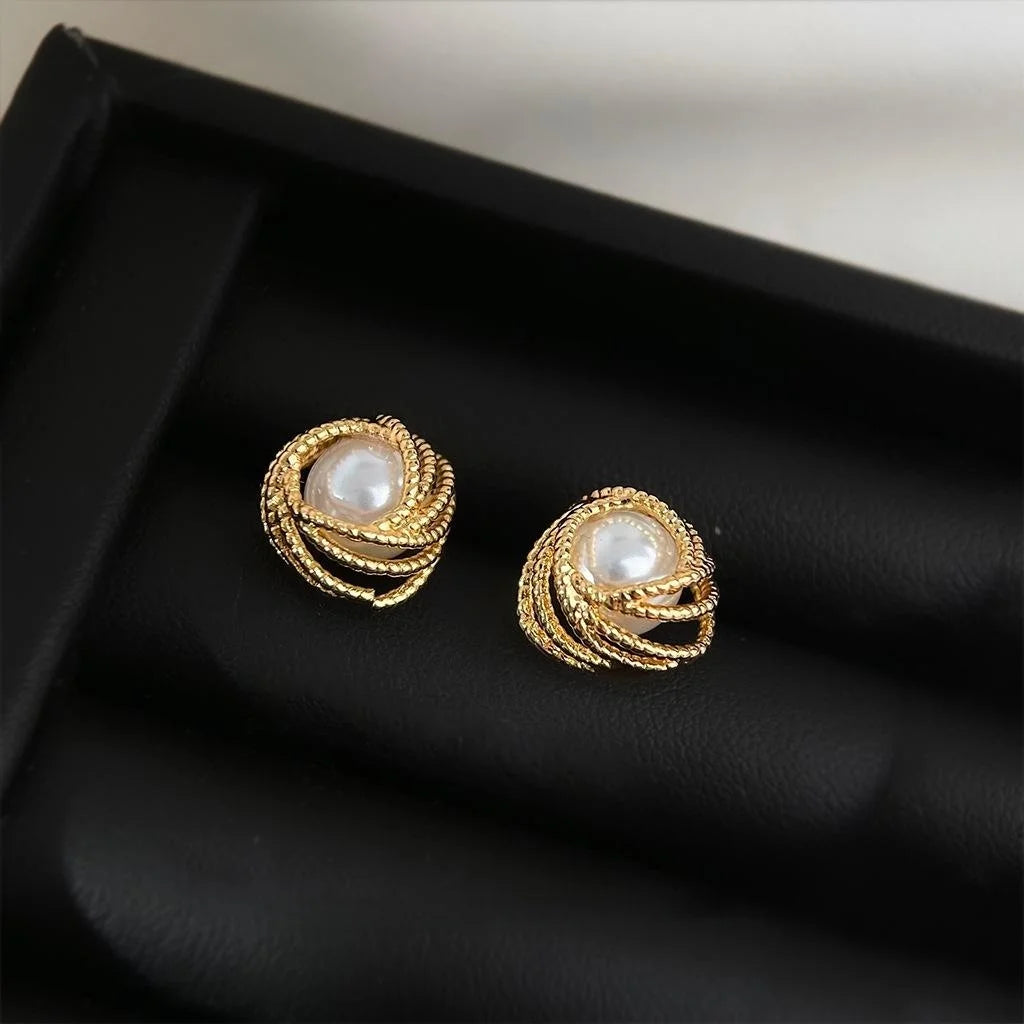 14K Plated Copper Geometric Pearl Stud Earrings For Women Minimalist Round Ring Office Jewelry