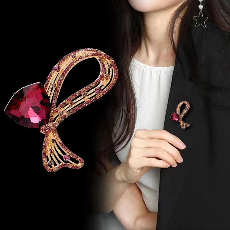 Luxury Crystal Butterfly Bow Brooch With Rhinestone Alloy Design, Elegant Lapel Pin Corsage Suit Accessory Gift
