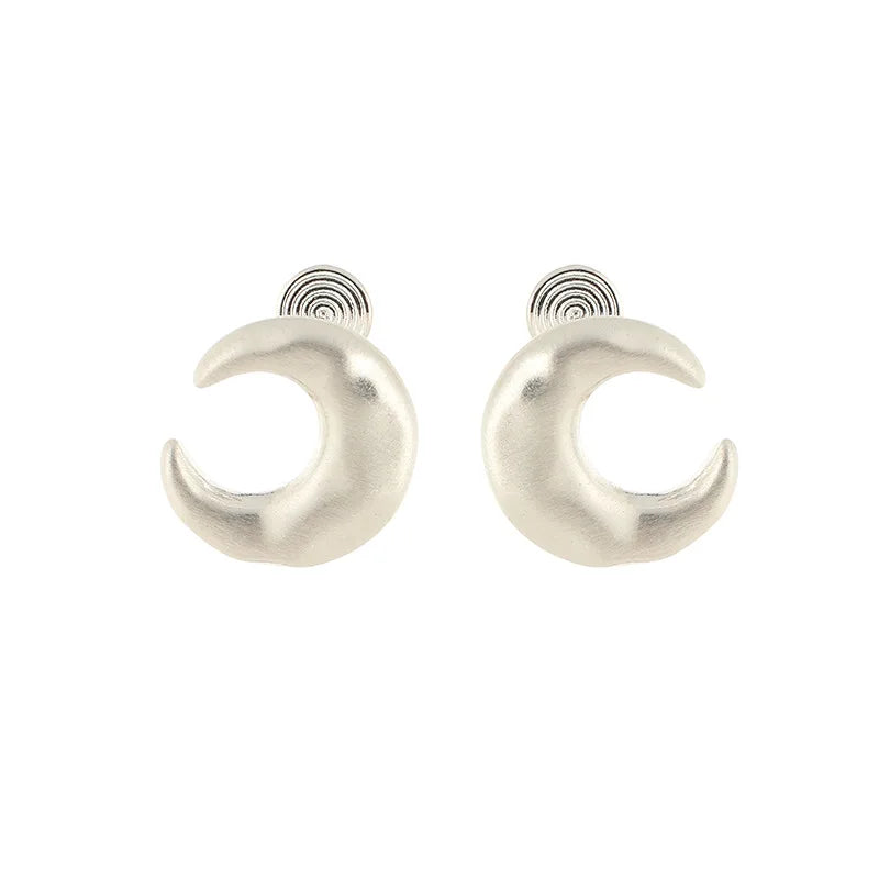 Light Luxury Brushed Silver Alloy Crescent Moon Stud & Clip On No Piercing Minimalist Earrings