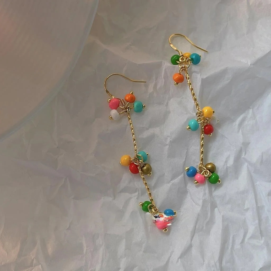 Bohemian Handmade Glass Seed Bead Tassel Drop Earrings Colorful Geometric Vacation Style