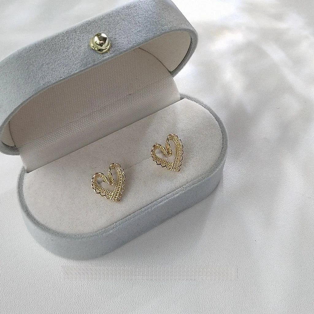 Fresh Sweet Lace Hollow Heart Stud Earrings 14K Plated Copper Korean Style