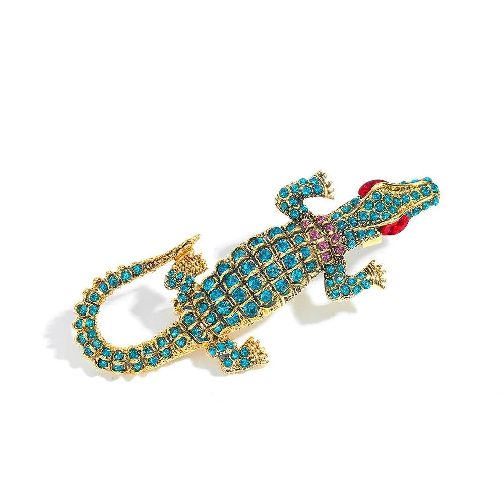 Luxury Blue Rhinestone Crocodile Brooch, Gold Tone Alloy Animal Lapel Pin Corsage Suit Accessory Gift