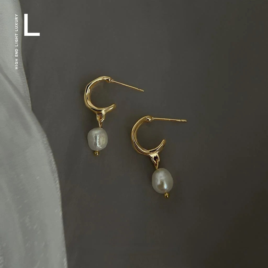 14K Gold Plated Copper Freshwater Pearl Drop Earrings Minimalist Geometric Hoop Design