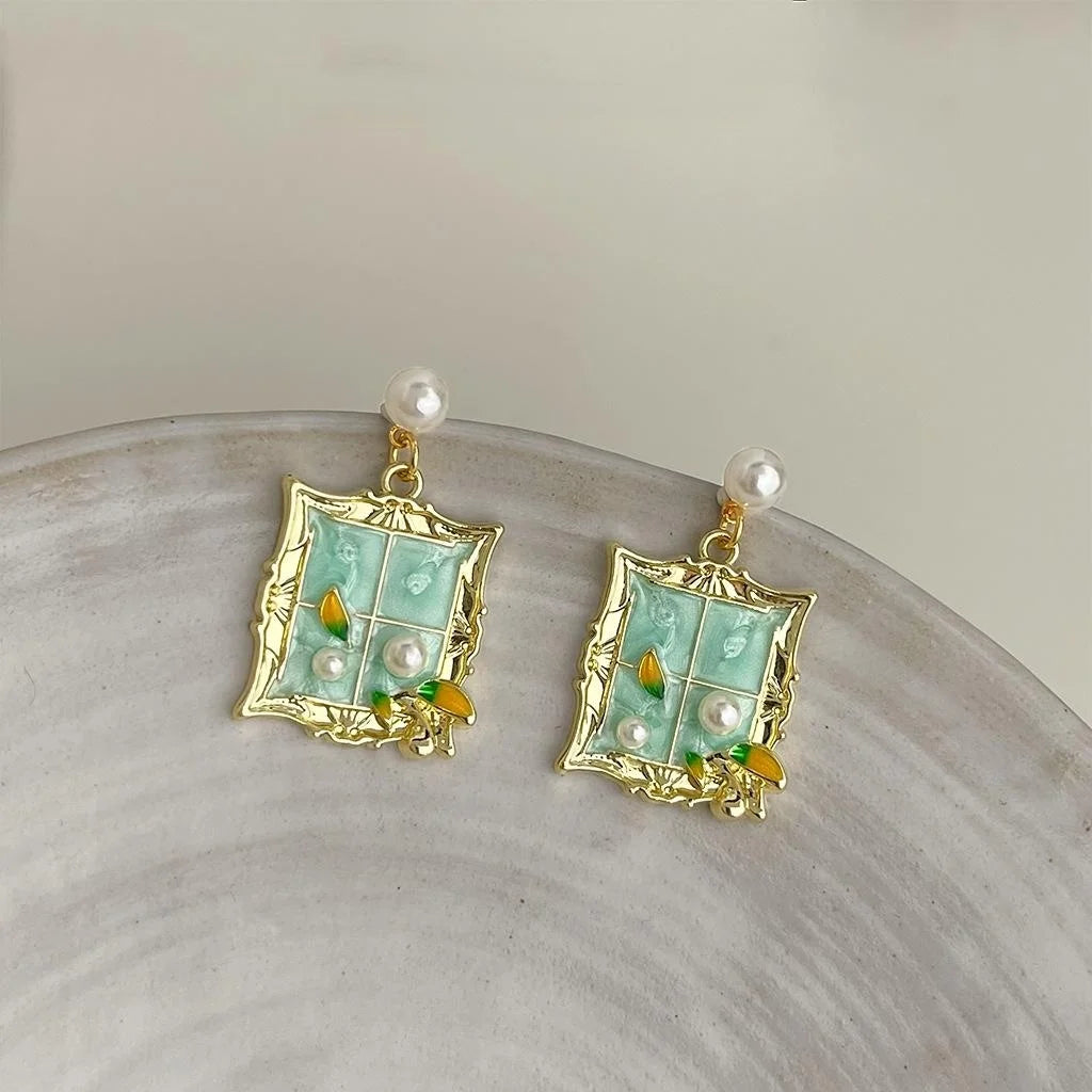 Monet Garden Fresh Sweet Summer Vacation Copper Enamel Geometric Drop Earrings