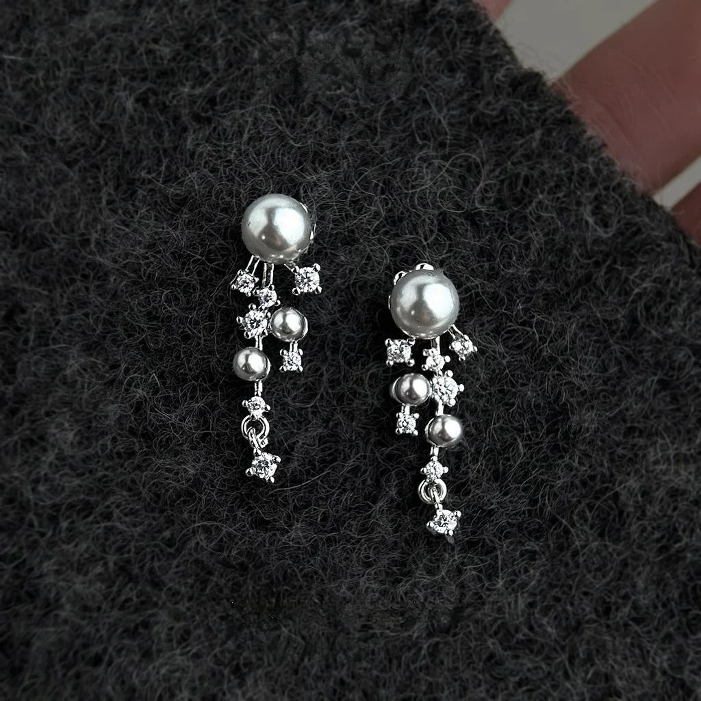 Light Luxury Copper Micro Pave Zircon Long Tassel Drop Earrings With Gray Pearl