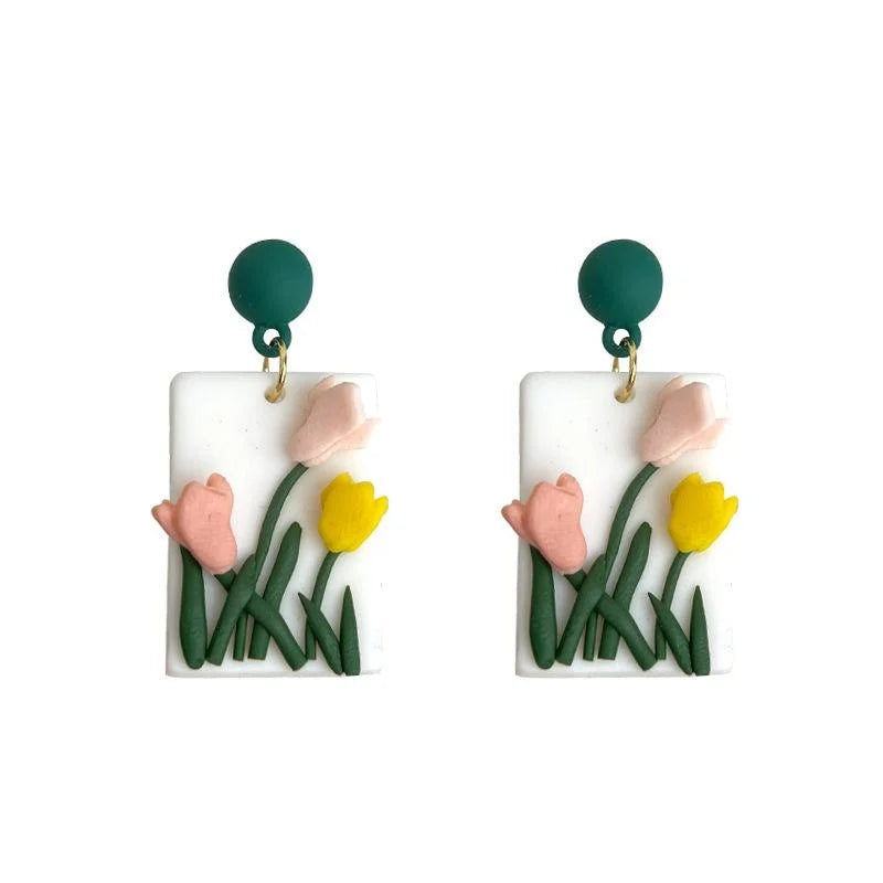 Handmade Polymer Clay Tulip Flower Drop Earrings Forest Style Sweet Floral Designer Jewelry
