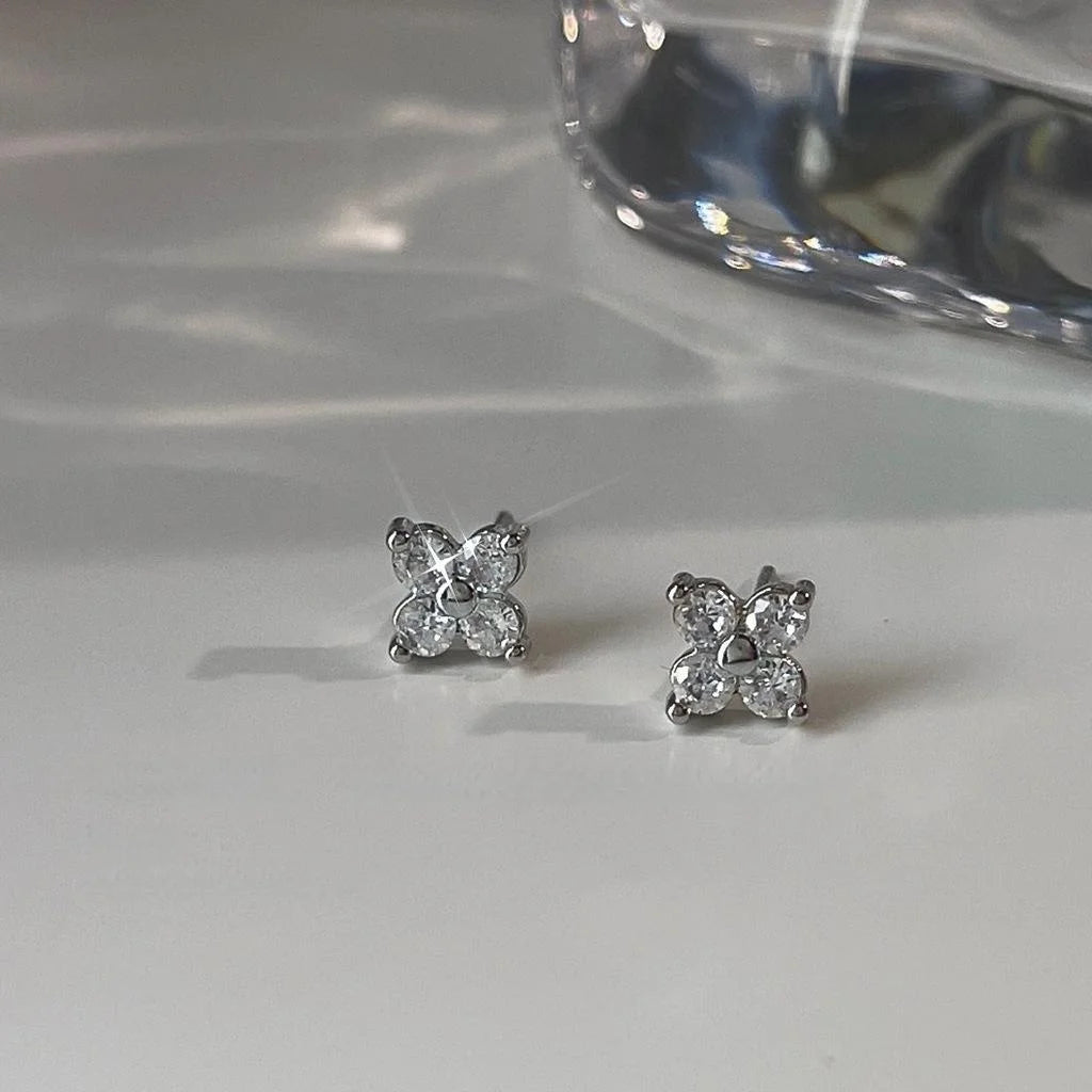 Mini Micro Pave Zircon Lucky Flower Copper Stud Earrings, Silver Plated Simple Daily Jewelry