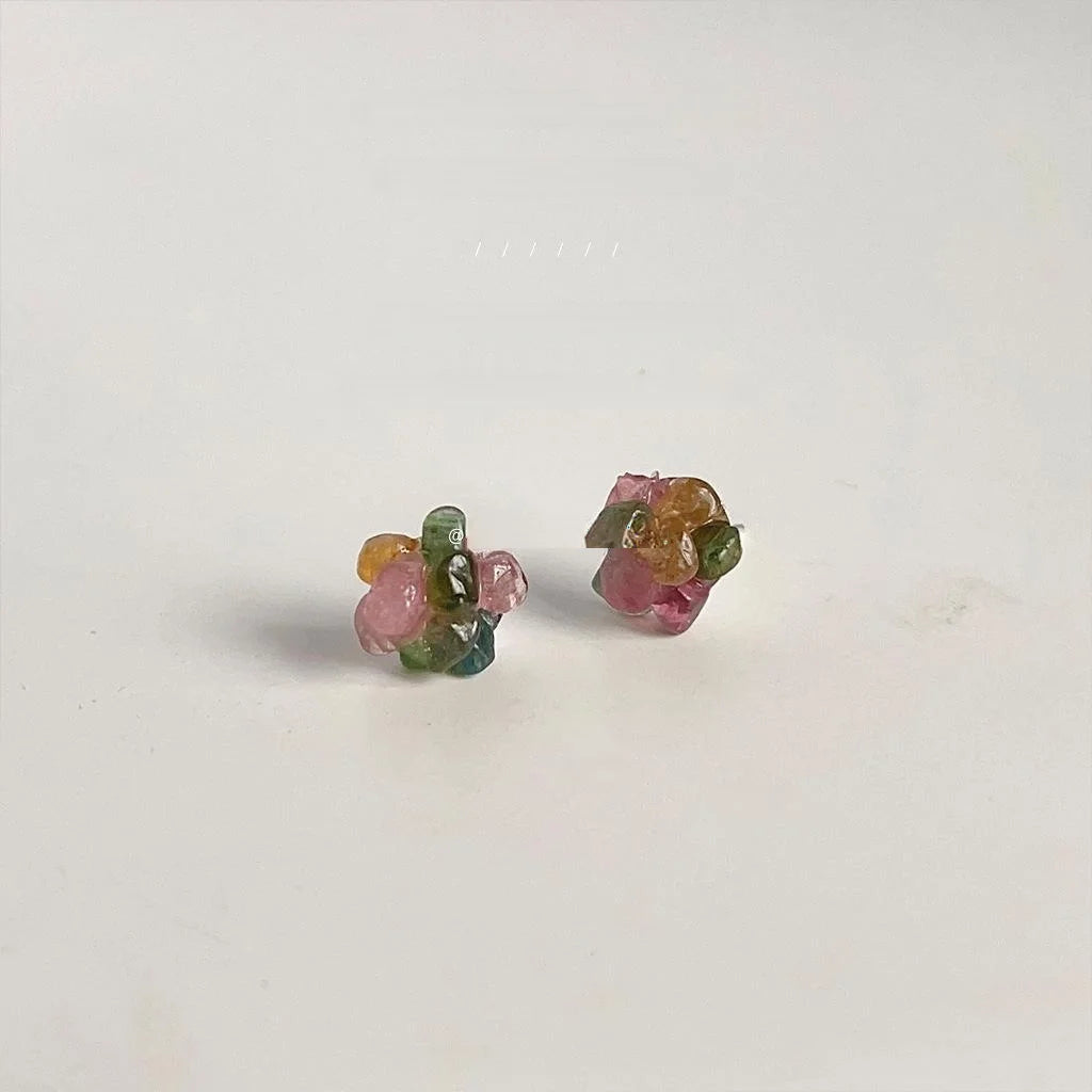 Natural Tourmaline Chip Stud Earrings Silver Plated Irregular Geometric Sweet Minimalist Jewelry