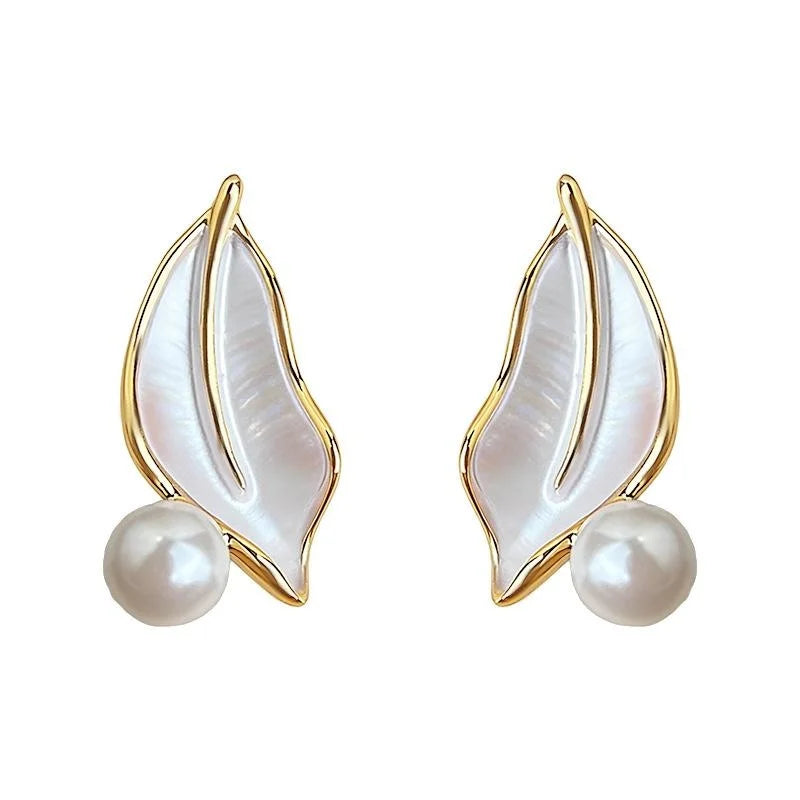 Elegant Forest Style White Leaf Glass Pearl Stud Earrings, Silver Plated Copper