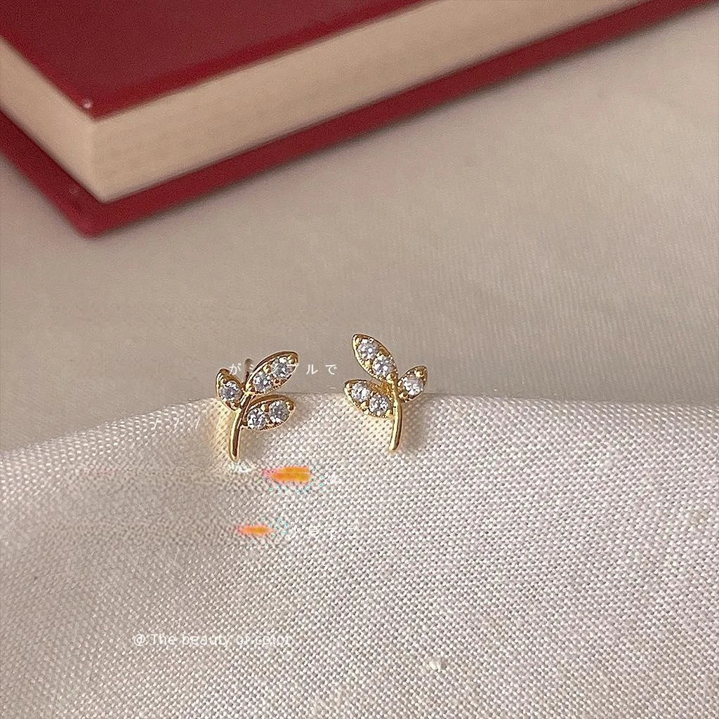 Minimalist Copper Micro Pave Zircon Olive Branch Leaf Stud Earrings For Women