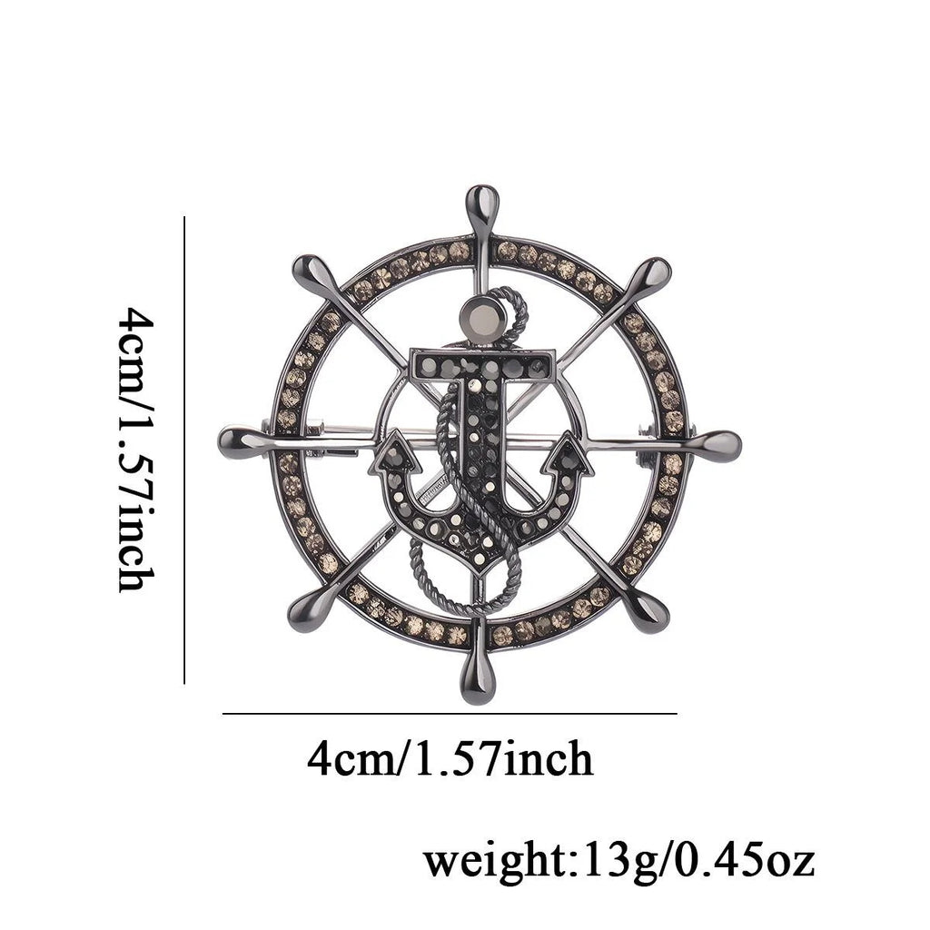 Luxury Rhinestone Alloy Ship Wheel And Anchor Brooch, Nautical Chain Lapel Pin Suit Accessory Gift