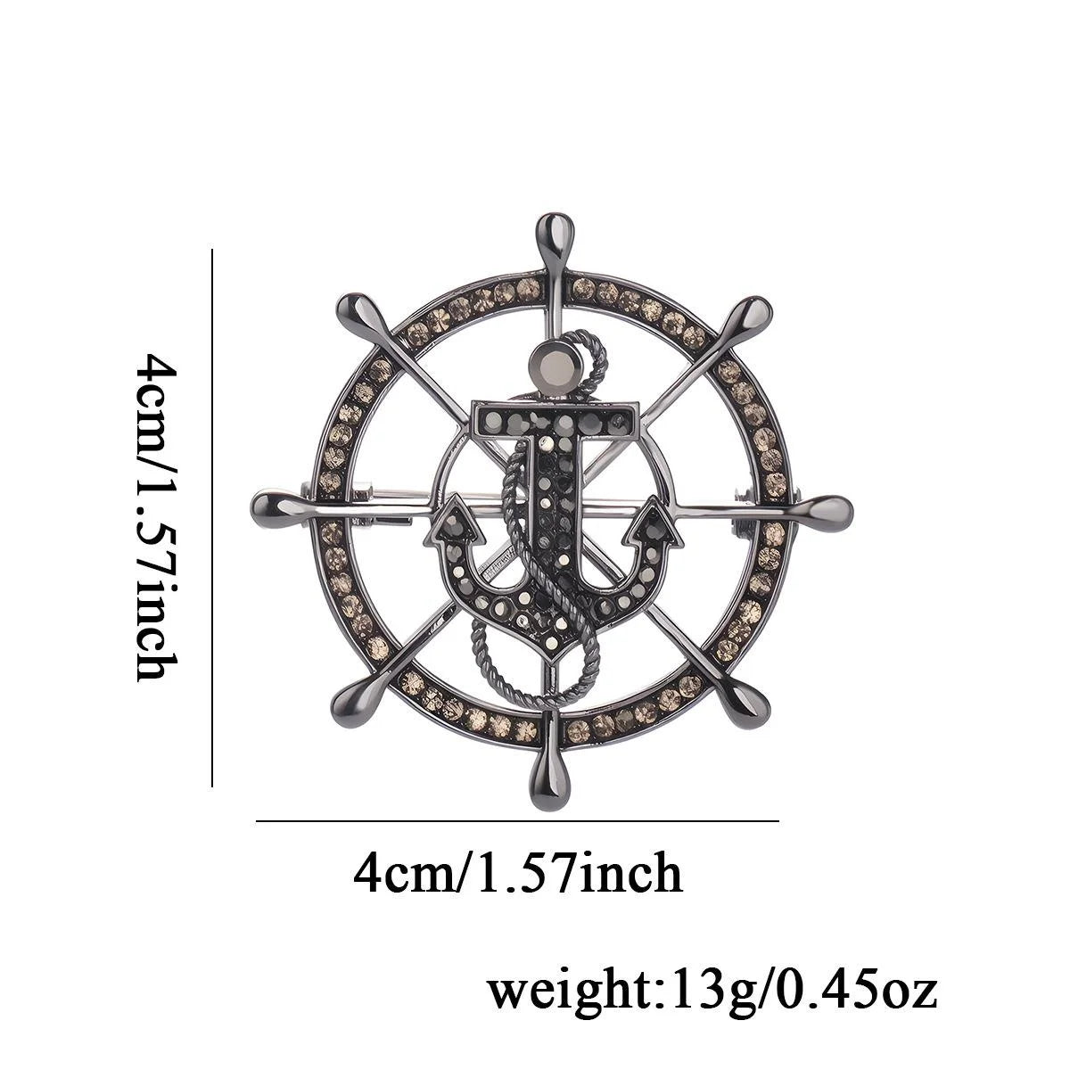 Luxury Rhinestone Alloy Ship Wheel And Anchor Brooch, Nautical Chain Lapel Pin Suit Accessory Gift