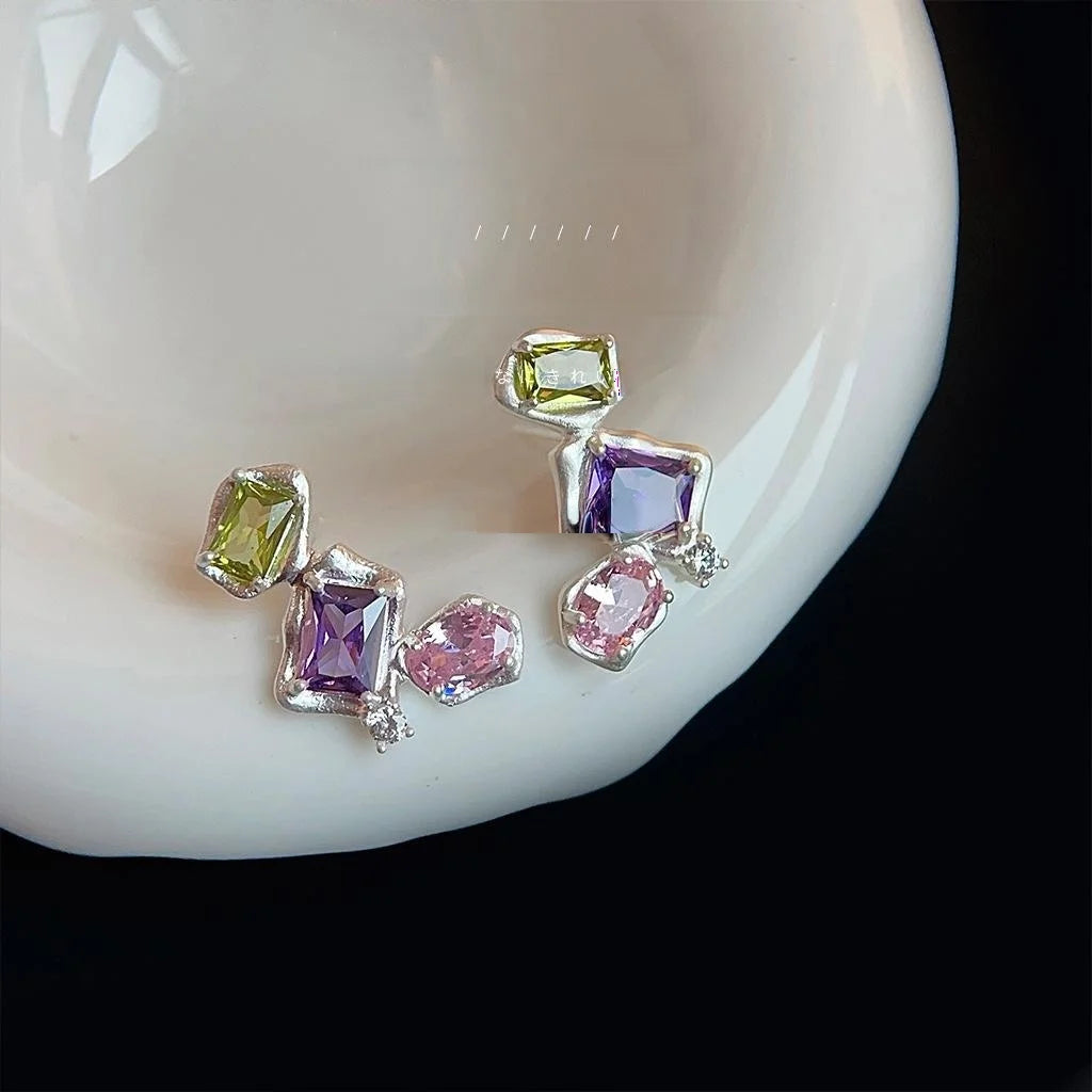 Irregular Geometric Zircon Copper Drop Earrings For Women Luxury Artistic Statement Style