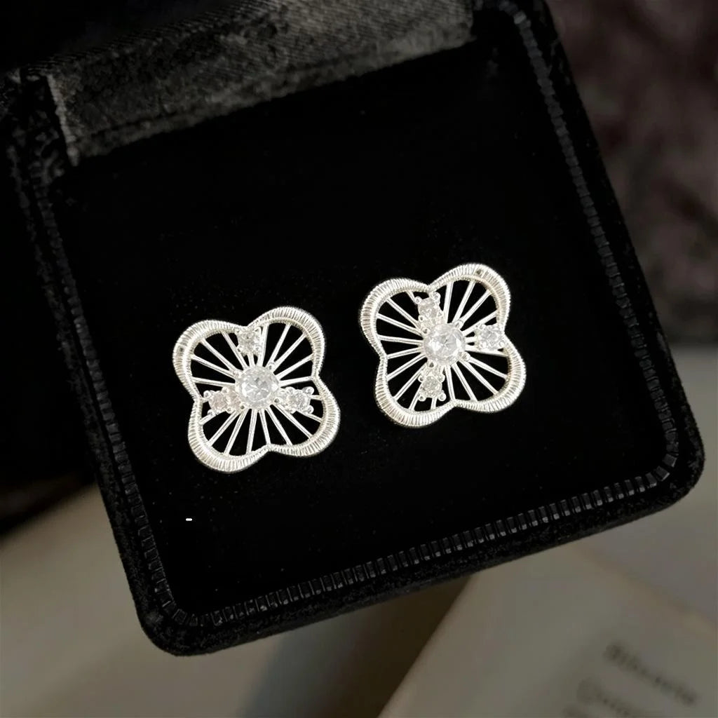 Light Luxury Micro Pave Zircon Copper 3D Hollow Flower Stud Earrings With Silver Plated Pins