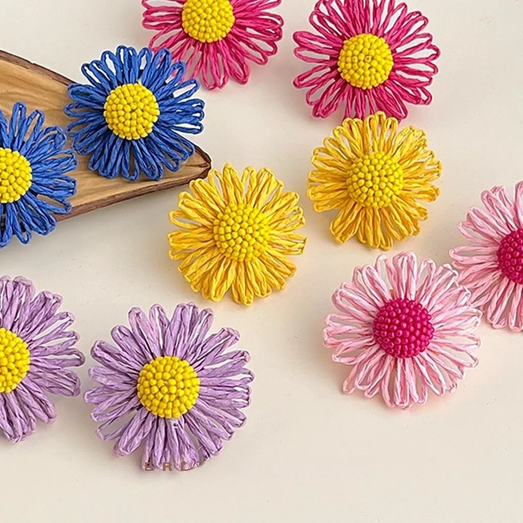 Sweet Colorful Handmade Woven Paper Flower Daisy Seed Bead Drop Earrings for Women