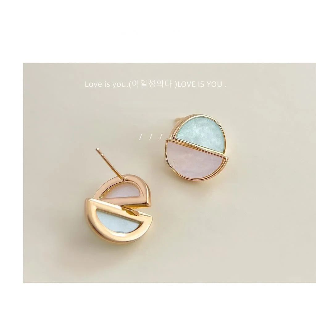 14K Gold Plated Copper Asymmetric Two Tone Round Geometric Stud Earrings Sweet Designer Jewelry