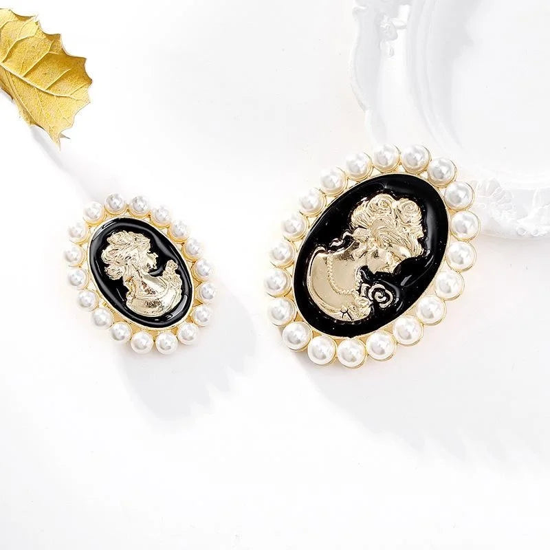 Vintage Baroque Lady Cameo Brooch With Faux Pearl And Enamel Frame, Elegant Lapel Pin Suit Accessory Gift