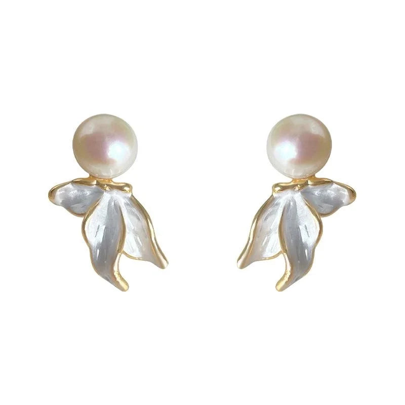 18K Gold Plated Copper Freshwater Pearl Butterfly Flower Stud Earrings Elegant Fashion Jewelry