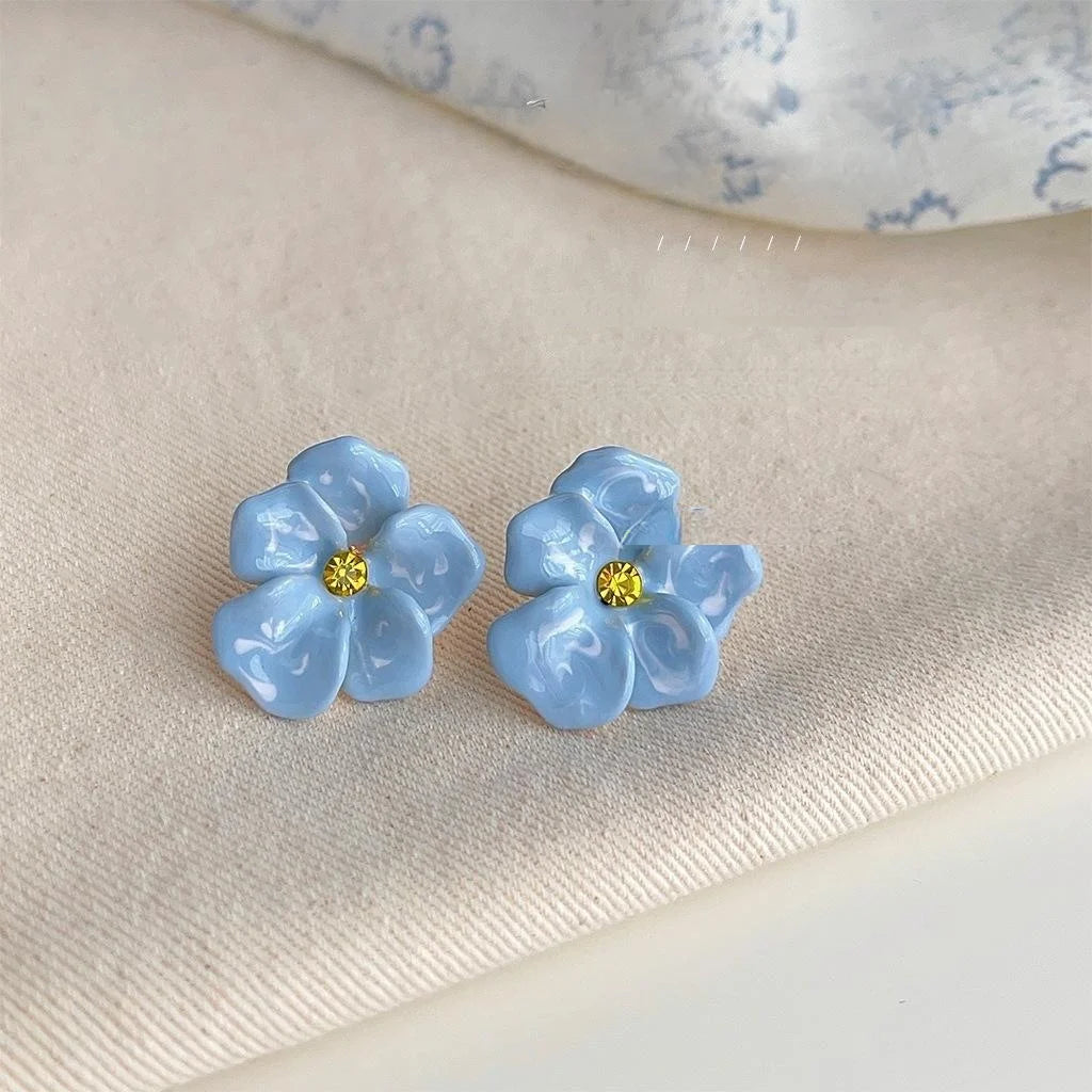 Vintage Enamel Orchid Flower Stud Earrings Gold Plated Copper Artsy Fresh Jewelry