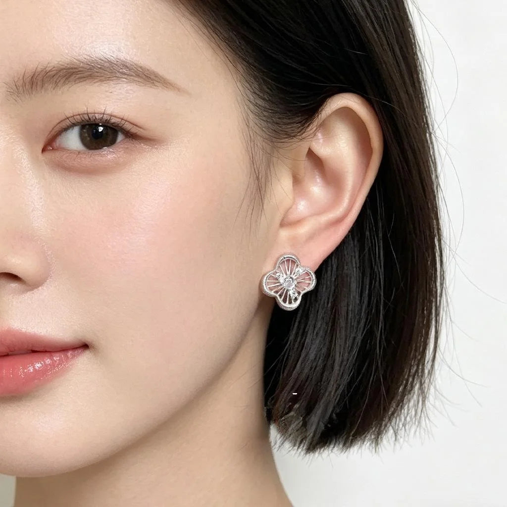 Light Luxury Micro Pave Zircon Copper 3D Hollow Flower Stud Earrings With Silver Plated Pins