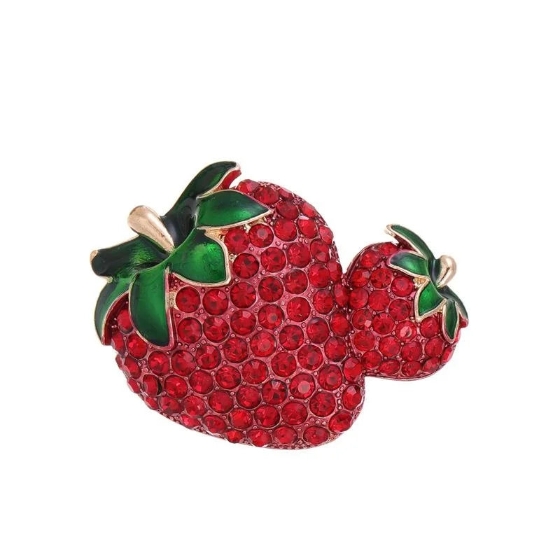 Luxury Full Rhinestone Double Strawberry Alloy Enamel Brooch, Cute Fruit Lapel Pin Corsage Gift