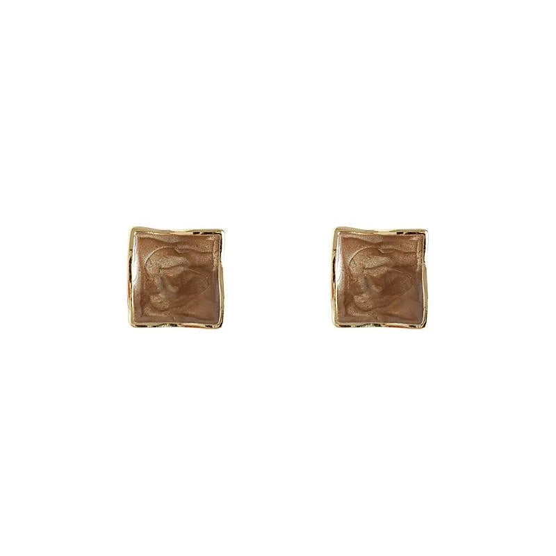 Caramel Coffee 14K Plated Copper Geometric Square Irregular Enamel Stud Earrings For Women