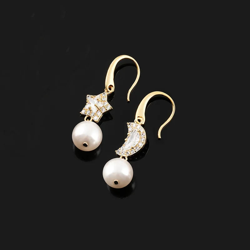 Elegant Luxury Gold Tone Alloy Asymmetric Star Moon Zircon Pearl Stud & Clip On No Piercing Dangle Earrings