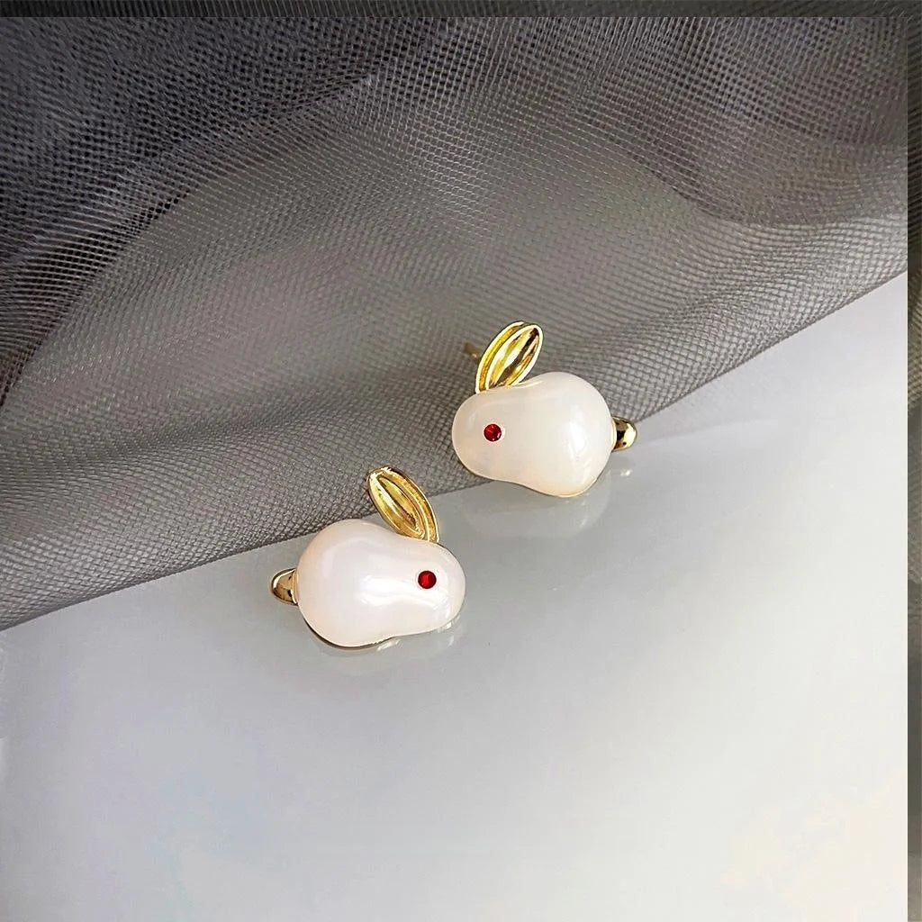 Cute Jade Color Moon Rabbit Copper Stud Earrings Minimalist Animal Zodiac Jewelry