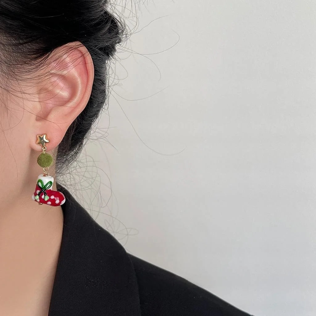 Original Design Handmade Christmas Glass Glaze Copper Stocking Drop Earrings