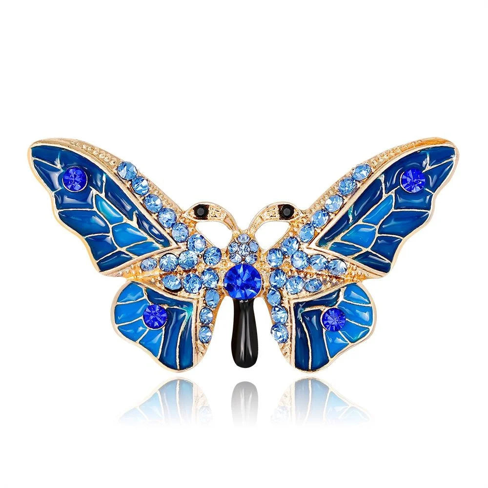 Elegant Blue Enamel Butterfly Alloy Brooch With Rhinestone Accents, Luxury Lapel Pin Corsage Gift