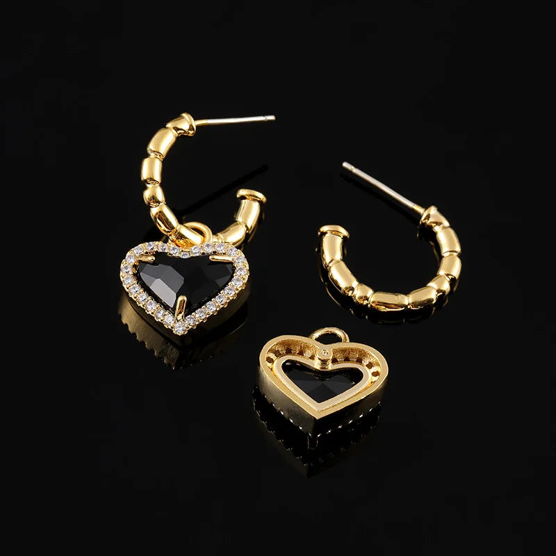 French Luxury Black Heart Zircon Rhinestone Spiral Hoop Stud & Clip On No Piercing Gold Tone Earrings