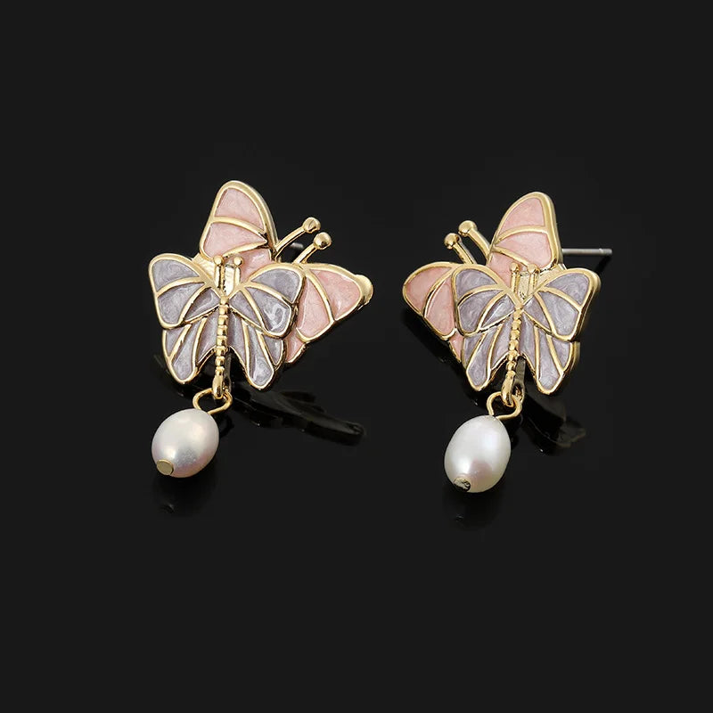 Elegant Pink Purple Enamel Butterfly Freshwater Pearl Stud & Clip On No Piercing Alloy Earrings